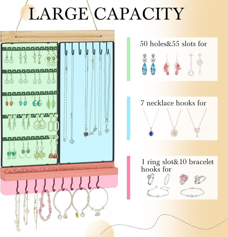 Feyejade Hanging Jewelry Organizer, 5-Tier Wall Earring Holder with Wooden Ring Groove, Jewelry Rack Wall Mounted for Earrings, Necklaces, Bracelets and Rings, Jewelry Holder Stand, Black - Image 4